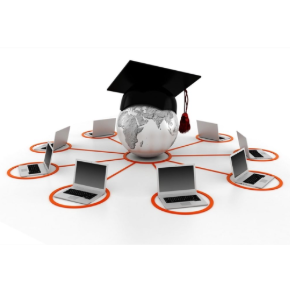 laptops surrounding a globe with a graduation hat